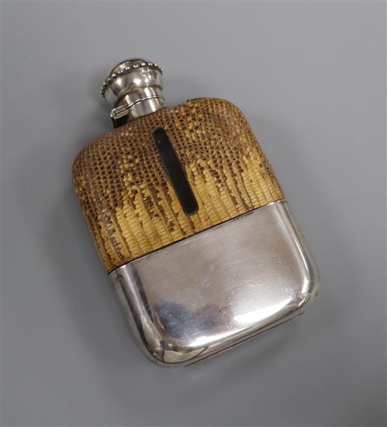 A George V silver and lizard skin mounted glass hip flask, James Dixon & Sons, Sheffield, 1934, 15.2cm.